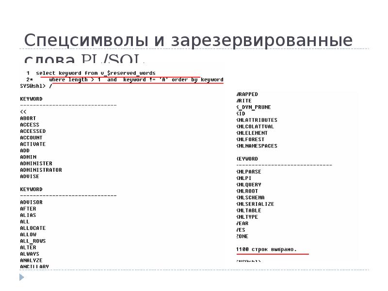 Спецсимволы и зарезервированные слова PL/SQL Спецсимволы и зарезервированные слова PL/SQL