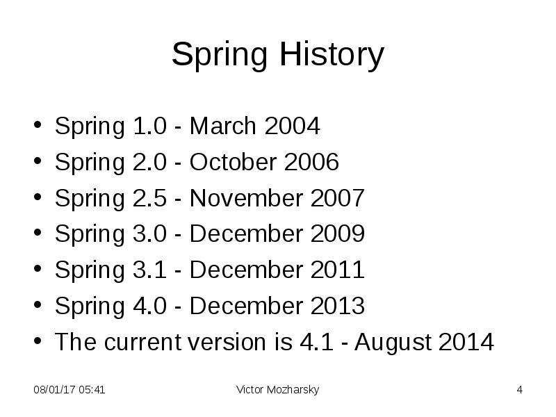 Spring History
Spring 1.0 - March 2004
Spring 2.0 - October Spring History
Spring 1.0 - March 2004
Spring 2.0 - October
