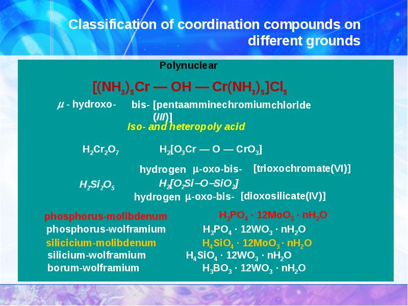 Classification of coordination compounds on different grounds