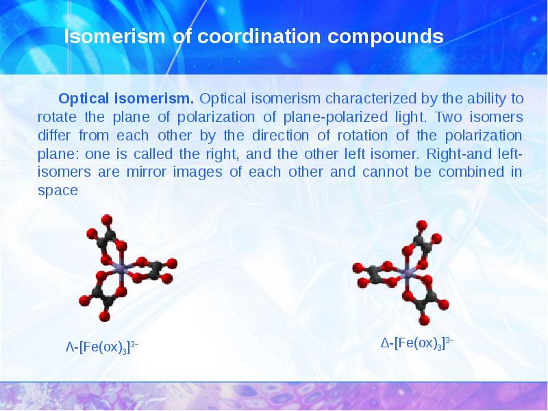 Isomerism of coordination compounds