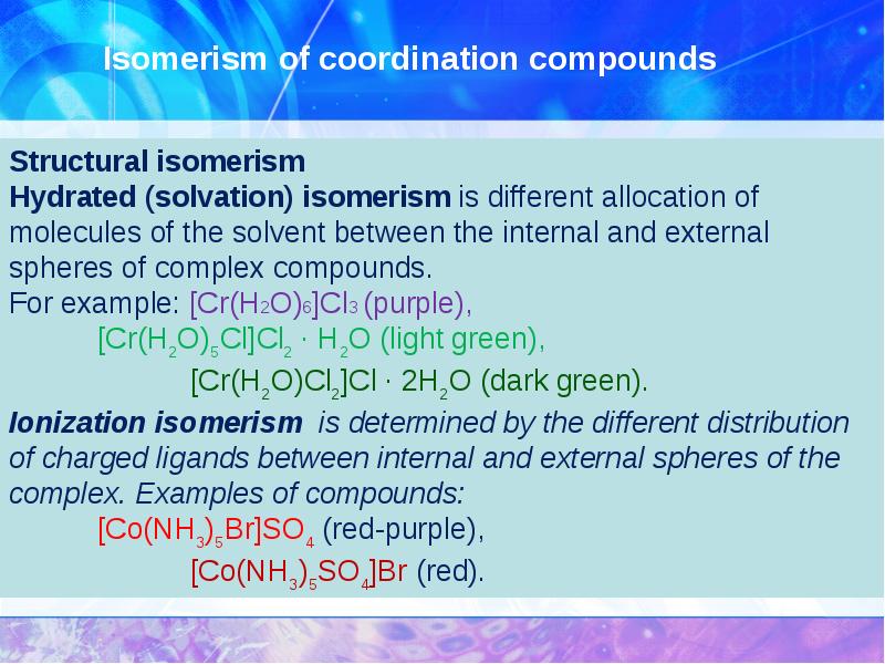 Isomerism of coordination compounds