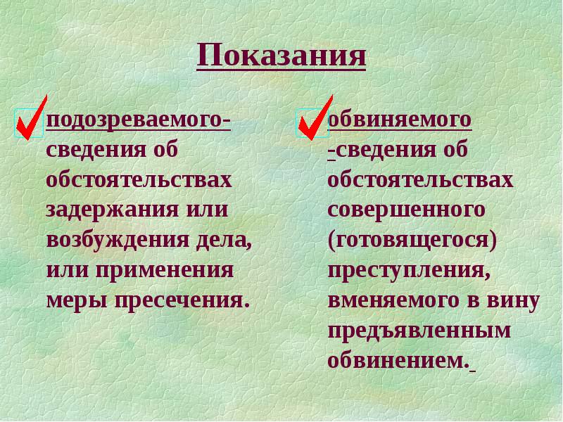 Понятие и процессуальное положение свидетеля. Показания подозреваемого и обвиняемого. Виды показаний обвиняемого. Различие показаний обвиняемого и подозреваемого. Показания подозреваемого и обвиняемого как источник доказательств.