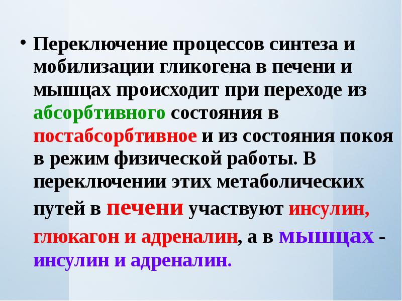 В абсорбтивный период активно протекает. Мобилизация и Синтез гликогена в мышцах и печени..