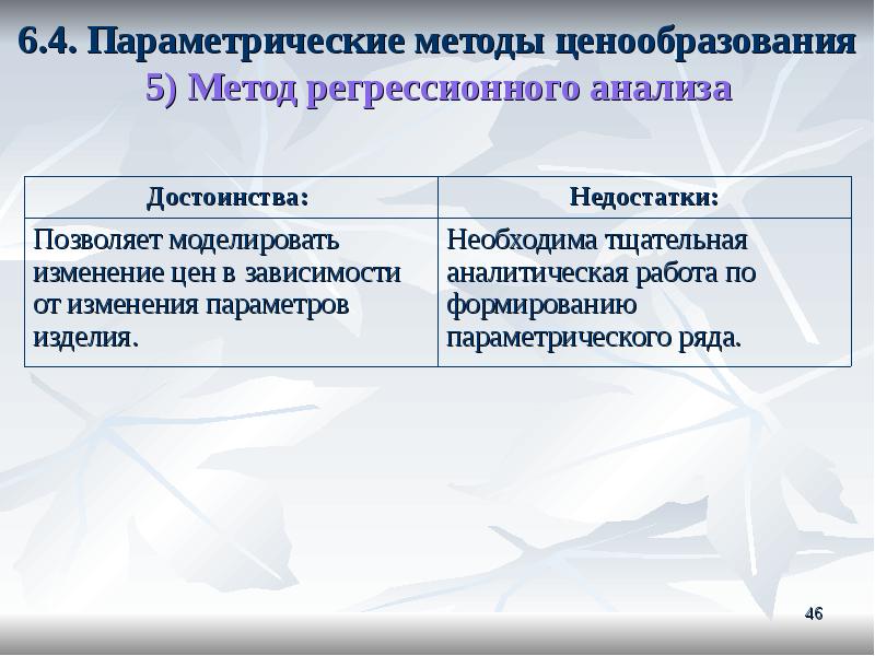 Преимущества анализа. Метод регрессивного анализа ценообразования. Параметрические методы ценообразования достоинства и недостатки. Параметрический метод ценообразования преимущества и недостатки. Достоинства и недостатки регрессионного анализа.