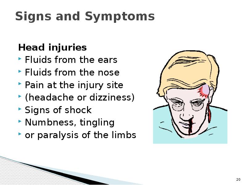 Signs and Symptoms   Head injuries  Fluids from the