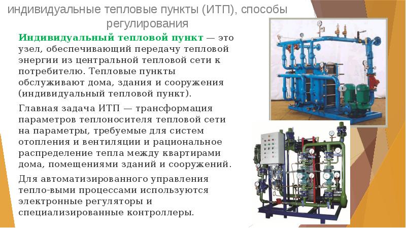 индивидуальные тепловые пункты (ИТП), способы регулирования
 Индивидуальный тепловой пункт — это индивидуальные тепловые пункты (ИТП), способы регулирования
 Индивидуальный тепловой пункт — это