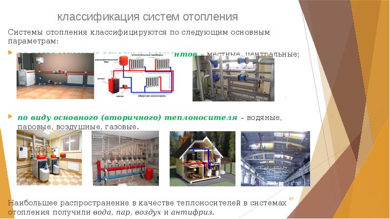 классификация систем отопления
 Системы отопления классифицируются по следующим основным параметрам:
 по классификация систем отопления
 Системы отопления классифицируются по следующим основным параметрам:
 по