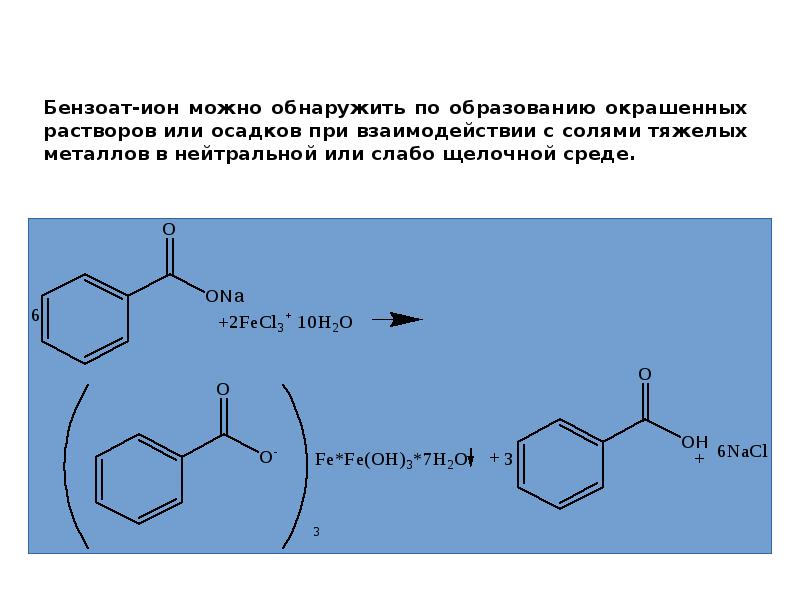 Хлорид ионы можно обнаружить. Качественная реакция на бензоат анион.