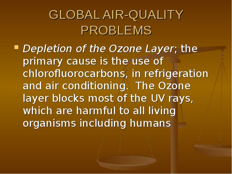 Quality problems. Ozone layer depletion. Problems is depletion of the Ozone layer.