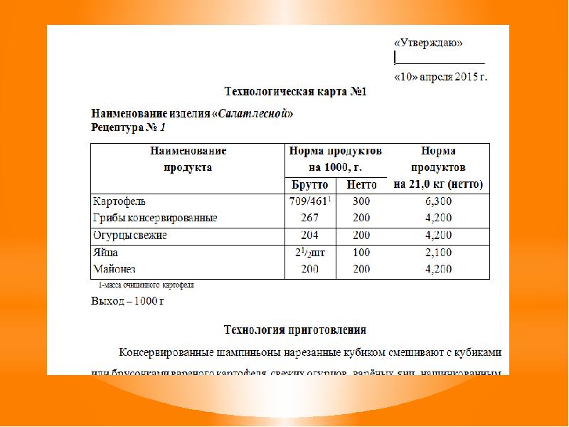 Технологическая карта салат нежный на 1 порцию