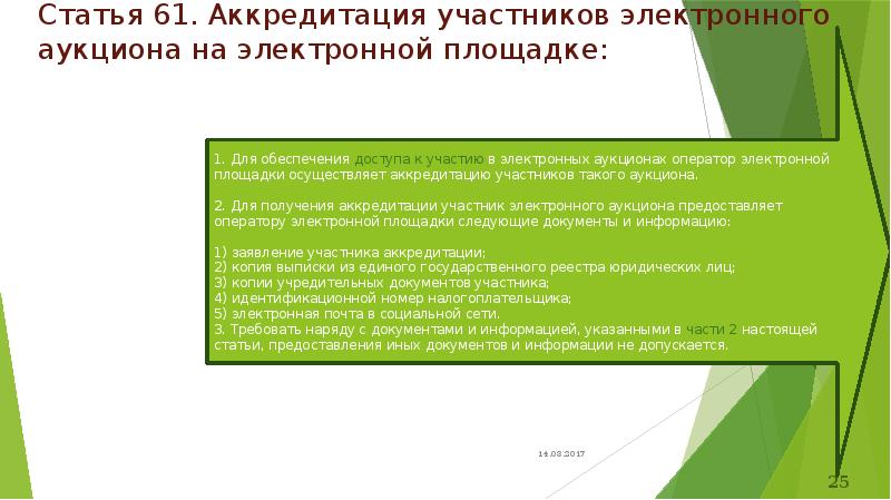 Статья 61. Аккредитация участников электронного аукциона на электронной площадке: Статья 61. Аккредитация участников электронного аукциона на электронной площадке: