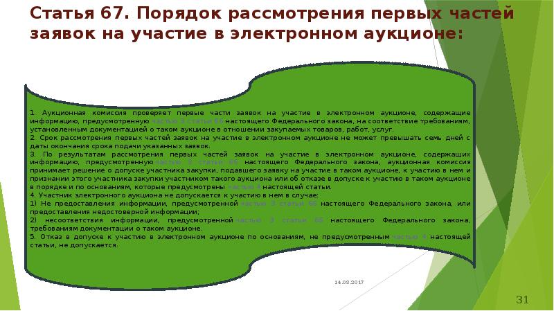 Статья 67. Порядок рассмотрения первых частей заявок на участие в электронном Статья 67. Порядок рассмотрения первых частей заявок на участие в электронном