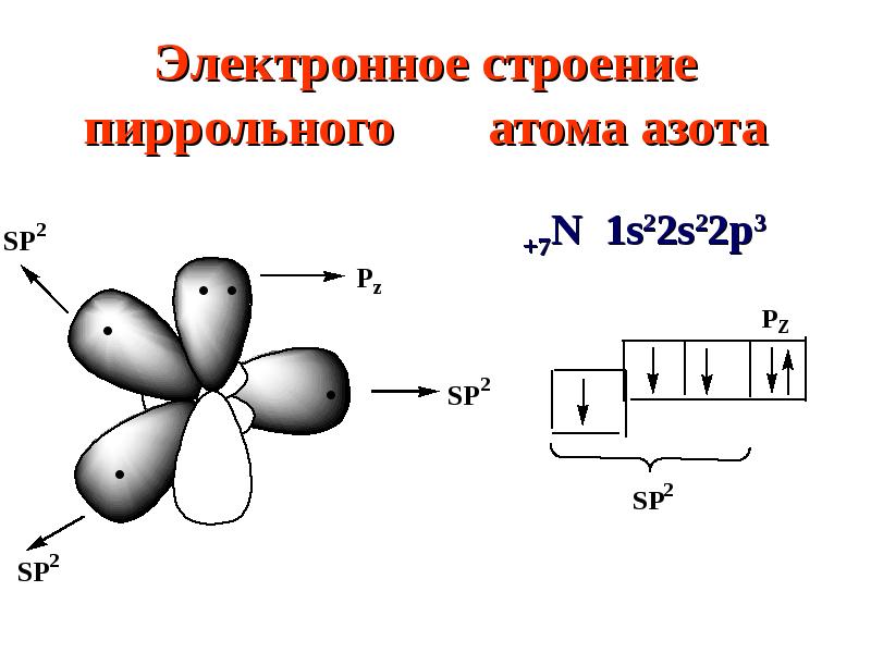 Внешние электроны азота. Электронное строение пиррольного атома азота. Пиррольный атом азота строение. Электронное строение азота. Электронное строение пиррольного и пиридинового атома азота.