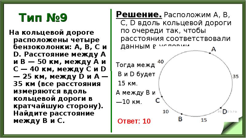 Тип №9
На кольцевой дороге расположены четыре бензоколонки: A, B, C Тип №9
На кольцевой дороге расположены четыре бензоколонки: A, B, C