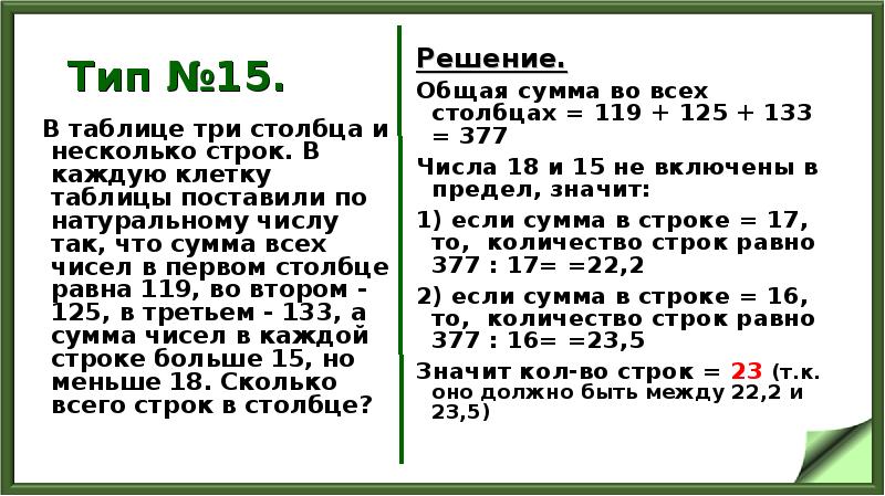 Тип №15.
В таблице три столбца и несколько строк. В Тип №15.
В таблице три столбца и несколько строк. В