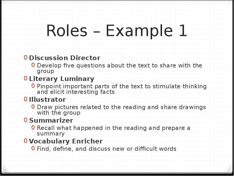 Roles – Example 1 Discussion Director Develop five questions about the