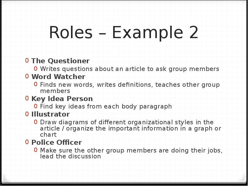 Roles – Example 2 The Questioner Writes questions about an article