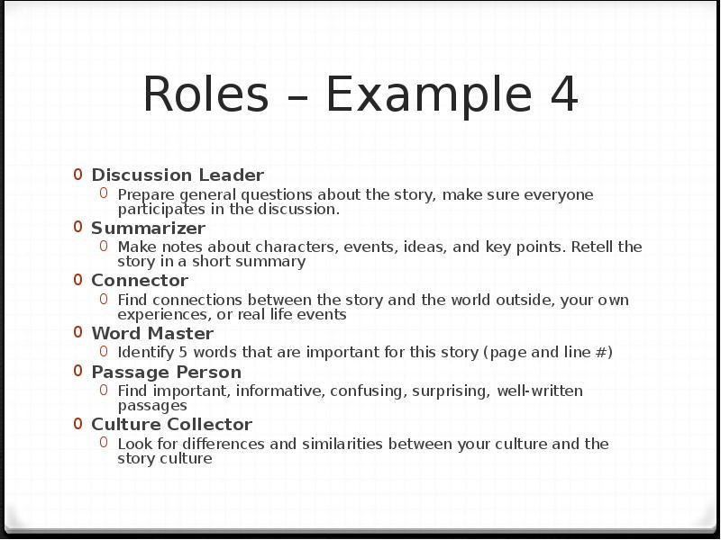 Roles – Example 4 Discussion Leader Prepare general questions about the