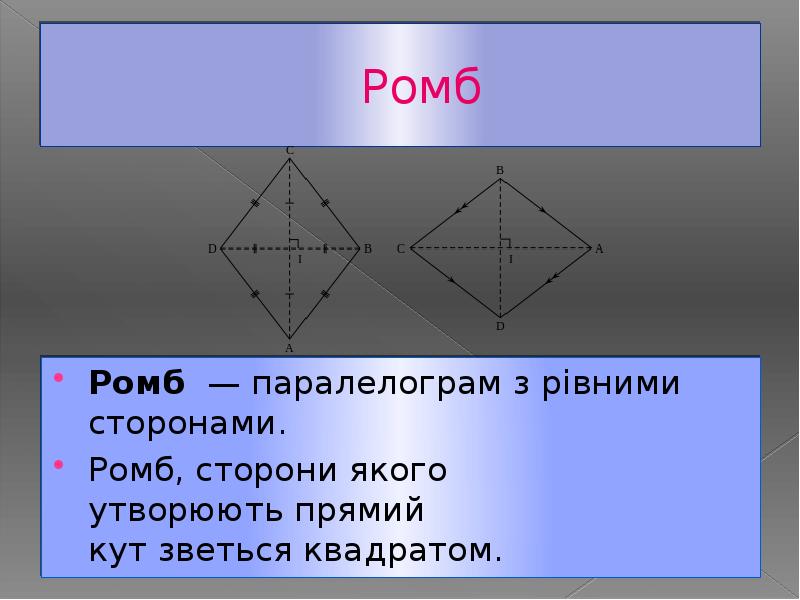 Ромб Ромб  — паралелограм з рівними сторонами. Ромб, сторони якого утворюють прямий кут зветься квадратом.