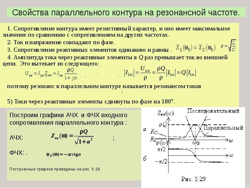 Характер сопротивления. Частотные характеристики параллельного резонансного контура. Свойства параллельного контура на резонансной частоте. Характеристическое сопротивление резонансного контура. Частотные характеристики последовательного резонансного контура.