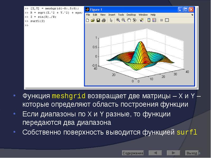 Функция meshgrid возвращает две матрицы – X и Y – которые