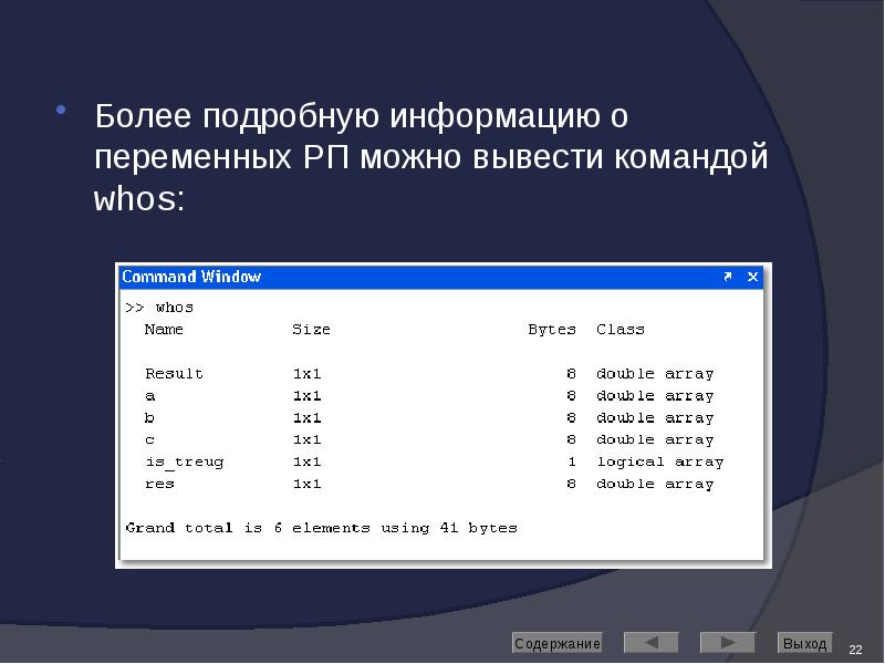 Более подробную информацию о переменных РП можно вывести командой whos: Более