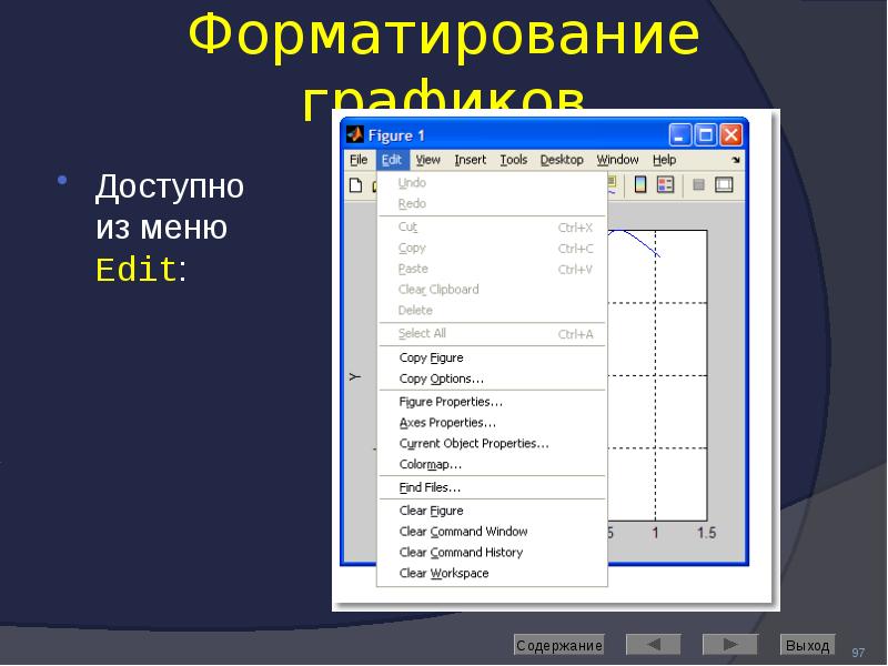 Форматирование графиков Доступно из меню Edit:
