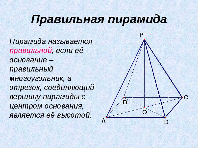 Правильная пирамида 	Пирамида называется правильной, если её основание – правильный многоугольник,