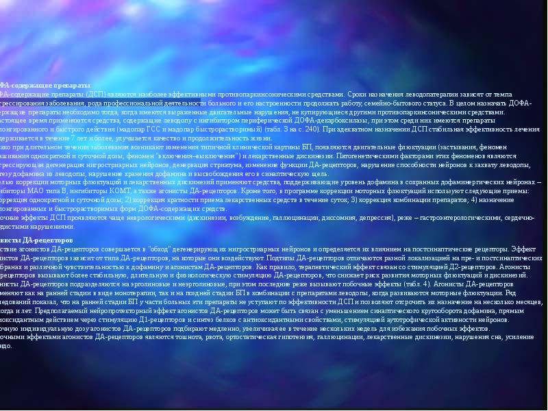 ДОФА-содержащие препараты ДОФА-содержащие препараты (ДСП) являются наиболее эффективными противопаркинсоническими средствами. Сроки