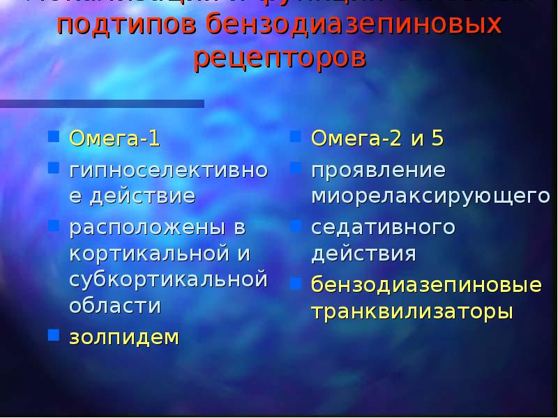 Локализация и функция основных подтипов бензодиазепиновых рецепторов Омега-1 гипноселективное действие расположены