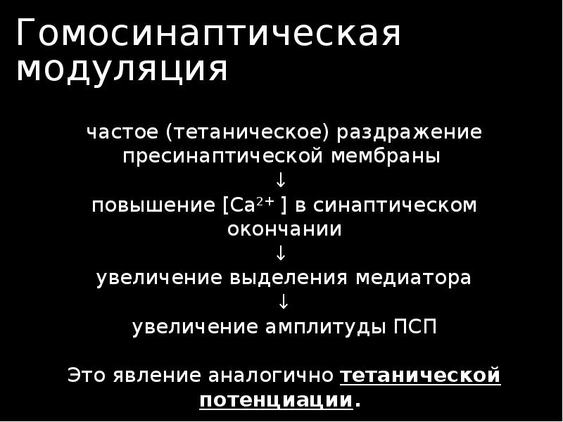 Гомосинаптическая  модуляция частое (тетаническое) раздражение пресинаптической мембраны  ↓ 