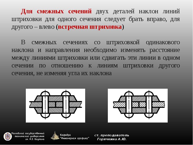 Штриховка смежных деталей в разрезах на сборочном чертеже выполняется с наклоном