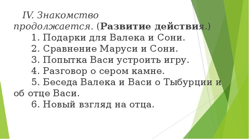 &nbsp;&nbsp;&nbsp;IV.&nbsp;Знакомство продолжается.&nbsp;(Развитие действия.) &nbsp;&nbsp;&nbsp;&nbsp;&nbsp;&nbsp;1.&nbsp;Подарки для Валека и Сони. &nbsp;&nbsp;&nbsp;&nbsp;&nbsp;&nbsp;2.&nbsp;Сравнение Маруси и