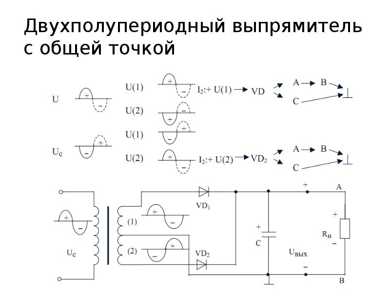 Схема двухполупериодного выпрямителя с выводом средней точки обмотки трансформатора