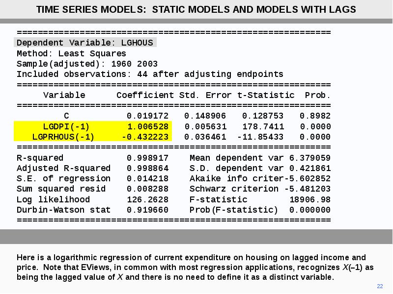Time series models. Examples for static models. Compare time Series models mean Error.