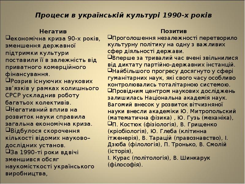 Процеси в українській культурі 1990-х років Негатив  економічна криза 90-х
