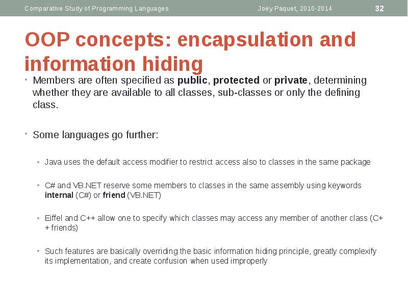 OOP concepts: encapsulation and information hiding
Members are often specified as OOP concepts: encapsulation and information hiding
Members are often specified as
