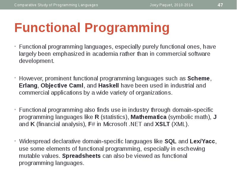 Functional Programming
Functional programming languages, especially purely functional ones, have largely Functional Programming
Functional programming languages, especially purely functional ones, have largely