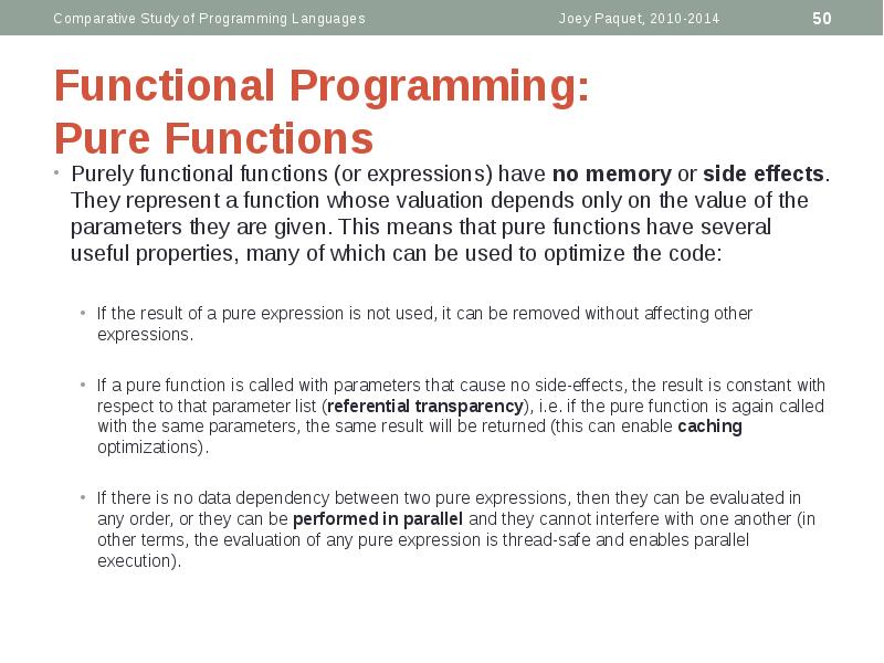 Functional Programming: Pure Functions
Purely functional functions (or expressions) have Functional Programming: Pure Functions
Purely functional functions (or expressions) have