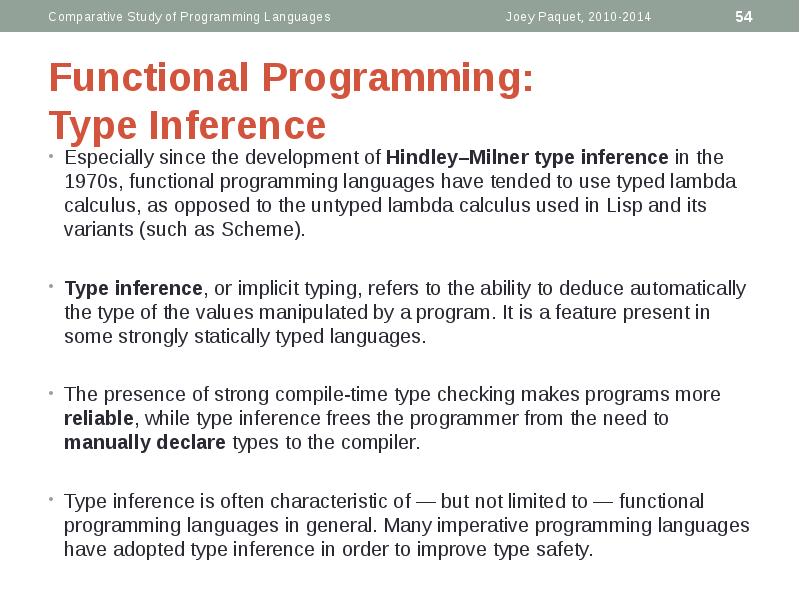 Functional Programming: Type Inference
Especially since the development of Hindley–Milner Functional Programming: Type Inference
Especially since the development of Hindley–Milner
