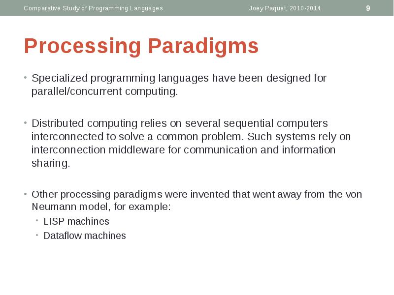 Processing Paradigms
Specialized programming languages have been designed for parallel/concurrent computing.
Processing Paradigms
Specialized programming languages have been designed for parallel/concurrent computing.
