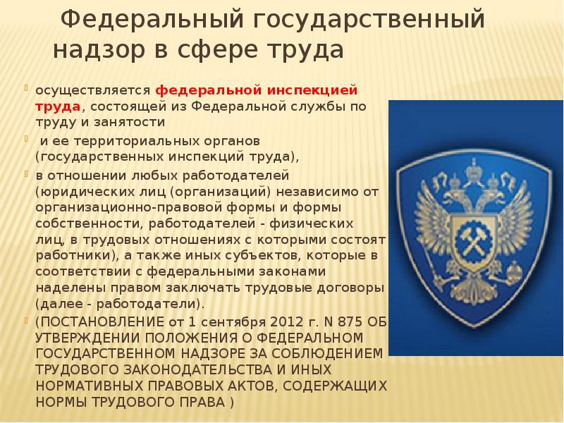 осуществляется федеральной инспекцией труда, состоящей из Федеральной службы по труду и
