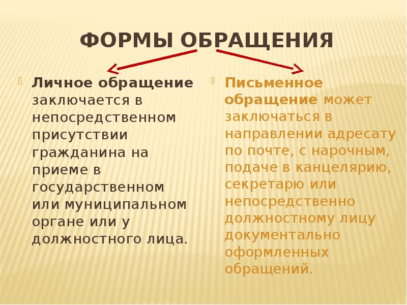 формы обращения Личное обращение заключается в непосредственном присутствии гражданина на приеме