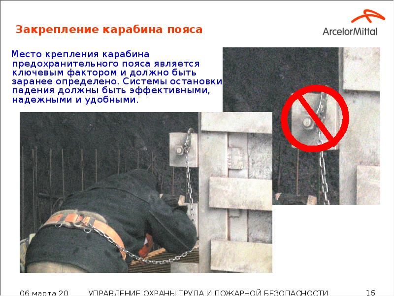 Закрепление карабина пояса     Место крепления карабина предохранительного