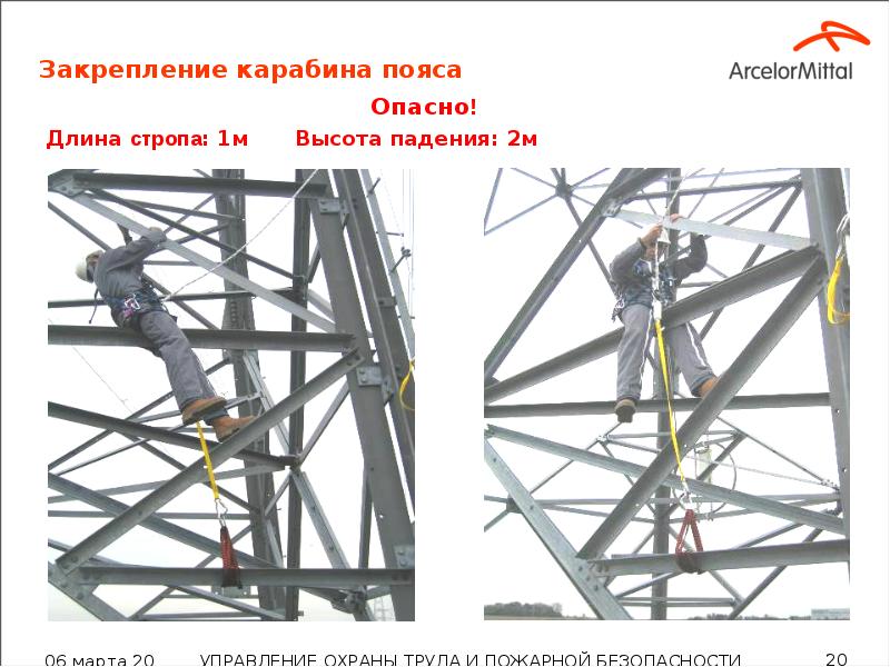 Закрепление карабина пояса Опасно!