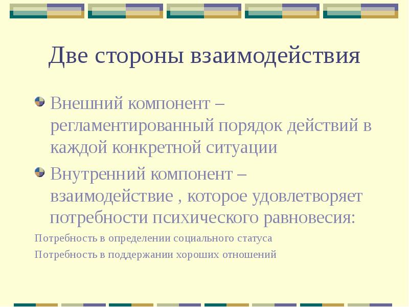 Стороны взаимоотношений. Внешний компонент взаимодействия. Компоненты взаимодействия внешний и внутренний. Компоненты процесса взаимодействия. Две стороны взаимодействия общения.