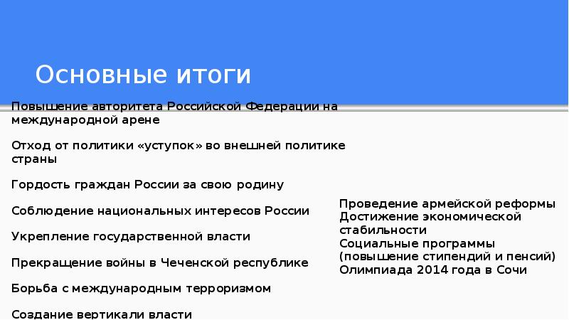 Основные итоги. Укрепление России на международной арене. Политика уступок. Роль РФ на международной арене. Позиция России на международной арене.