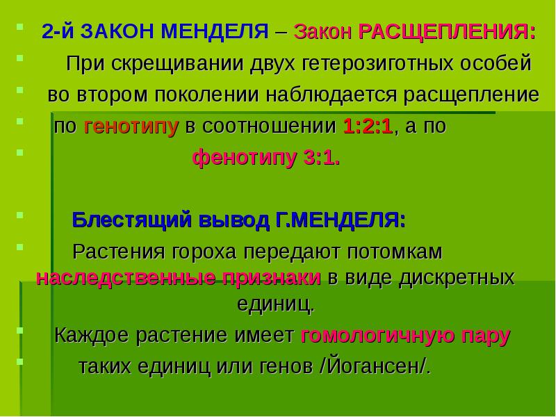 2-й ЗАКОН МЕНДЕЛЯ – Закон РАСЩЕПЛЕНИЯ:
2-й ЗАКОН МЕНДЕЛЯ – 2-й ЗАКОН МЕНДЕЛЯ – Закон РАСЩЕПЛЕНИЯ:
2-й ЗАКОН МЕНДЕЛЯ –
