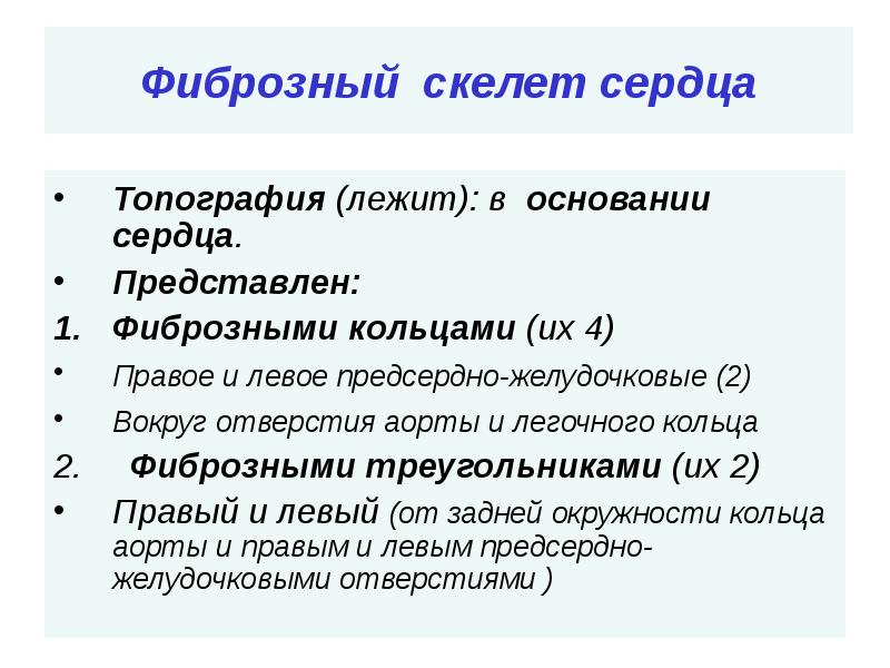 Фиброзный скелет сердца Топография (лежит): в основании сердца. Представлен:  Фиброзными