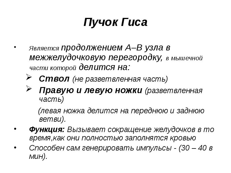 Пучок Гиса Является продолжением А–В узла в межжелудочковую перегородку, в мышечной